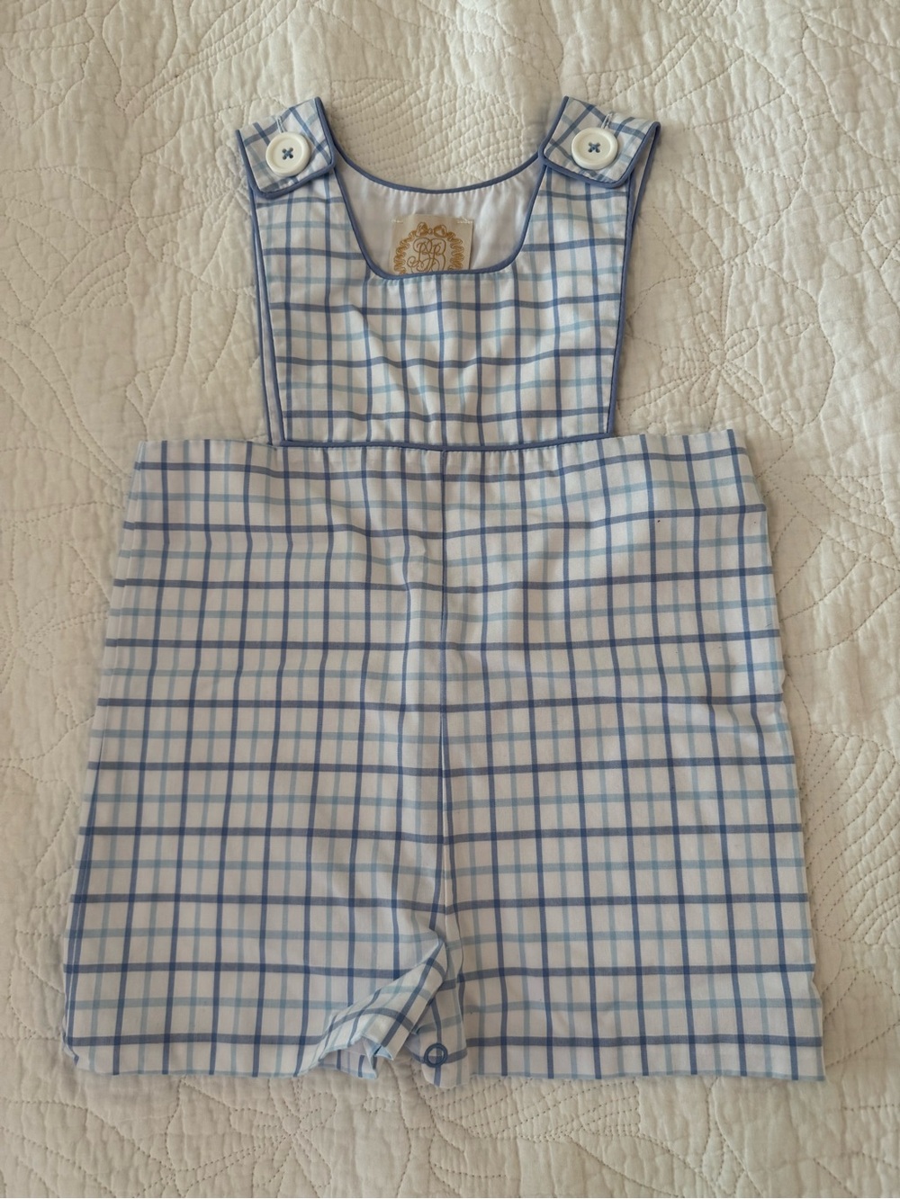 The Beaufort Bonnet Company Light Blue Plaid Overalls Romper